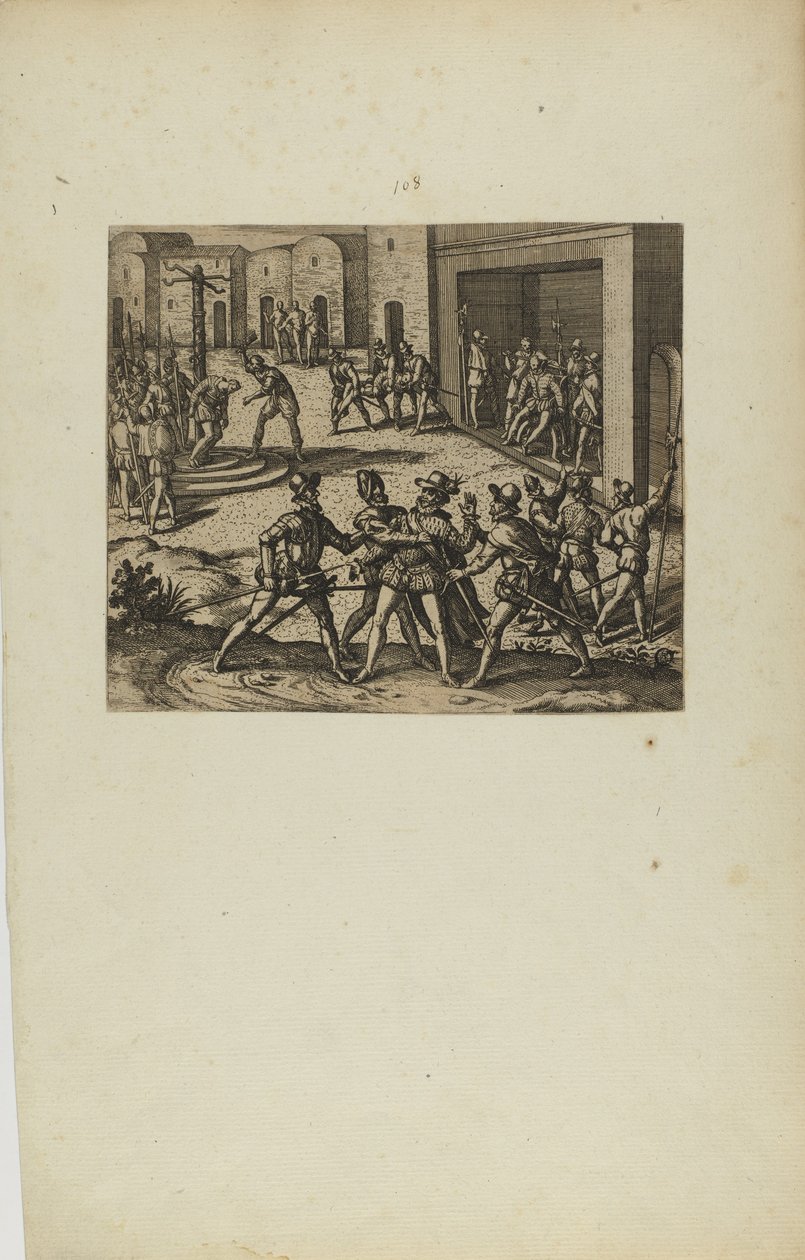 (Jacobus Almagrus a Ferdinando Pizarro Invincula Coniicitur in Carcere....) (fra bogen Americae, del seks) af Theodor de Bry