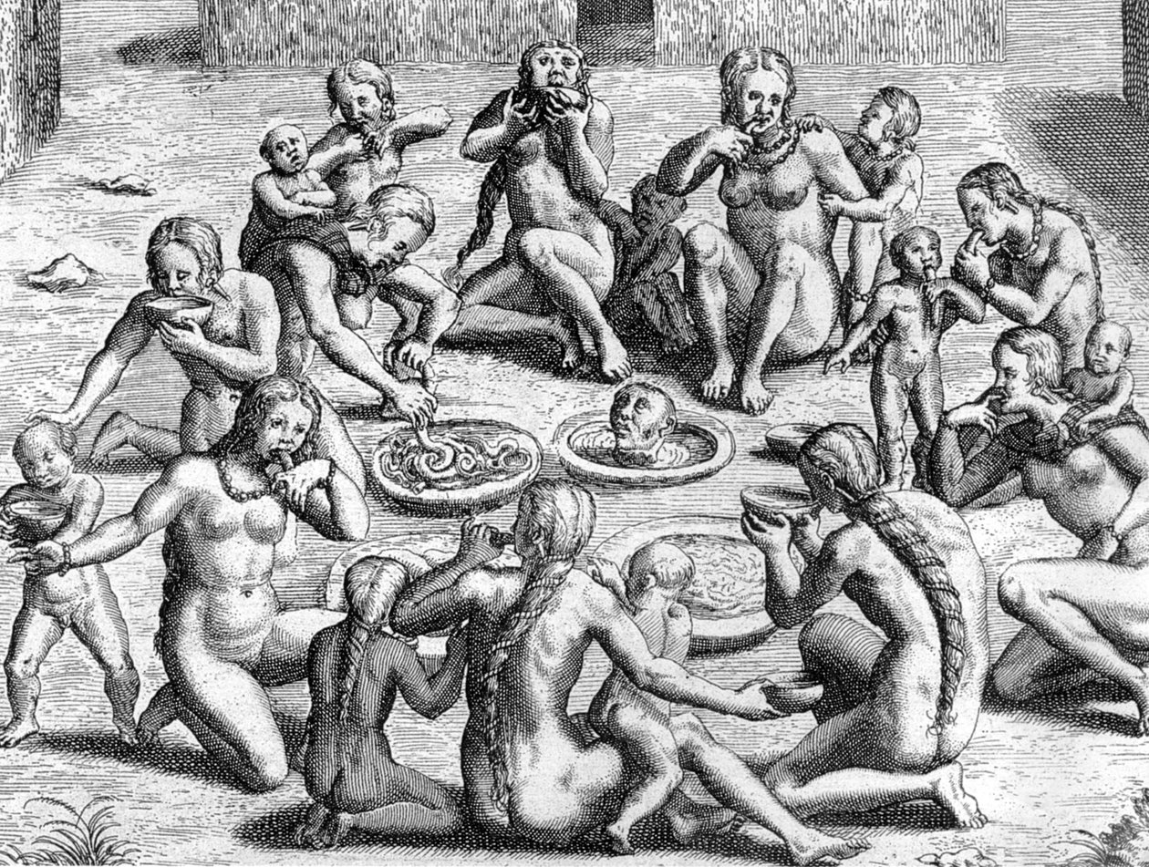 En bouillon er lavet af tarmene: kannibalisme af indianere i New World (Amazonia), gravering af Theodore de Bry til bogen "Le Voyage au Brezil de Jean de Lery 1556-1558" udgivet i 1578 af Theodor de Bry