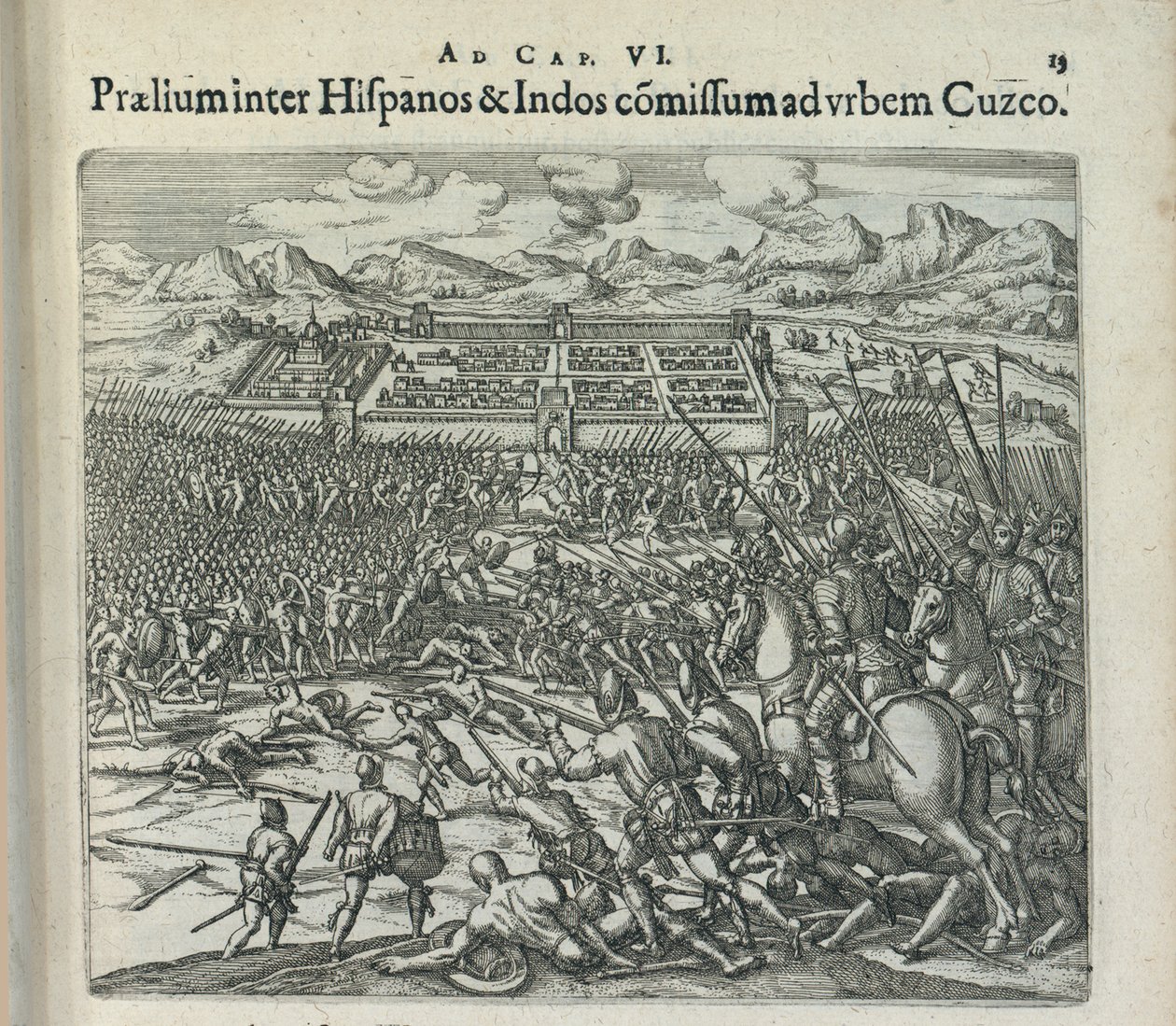 Kamp mellem spanierne og indianerne ved portene til Cuzco, 1596. af Theodor de Bry