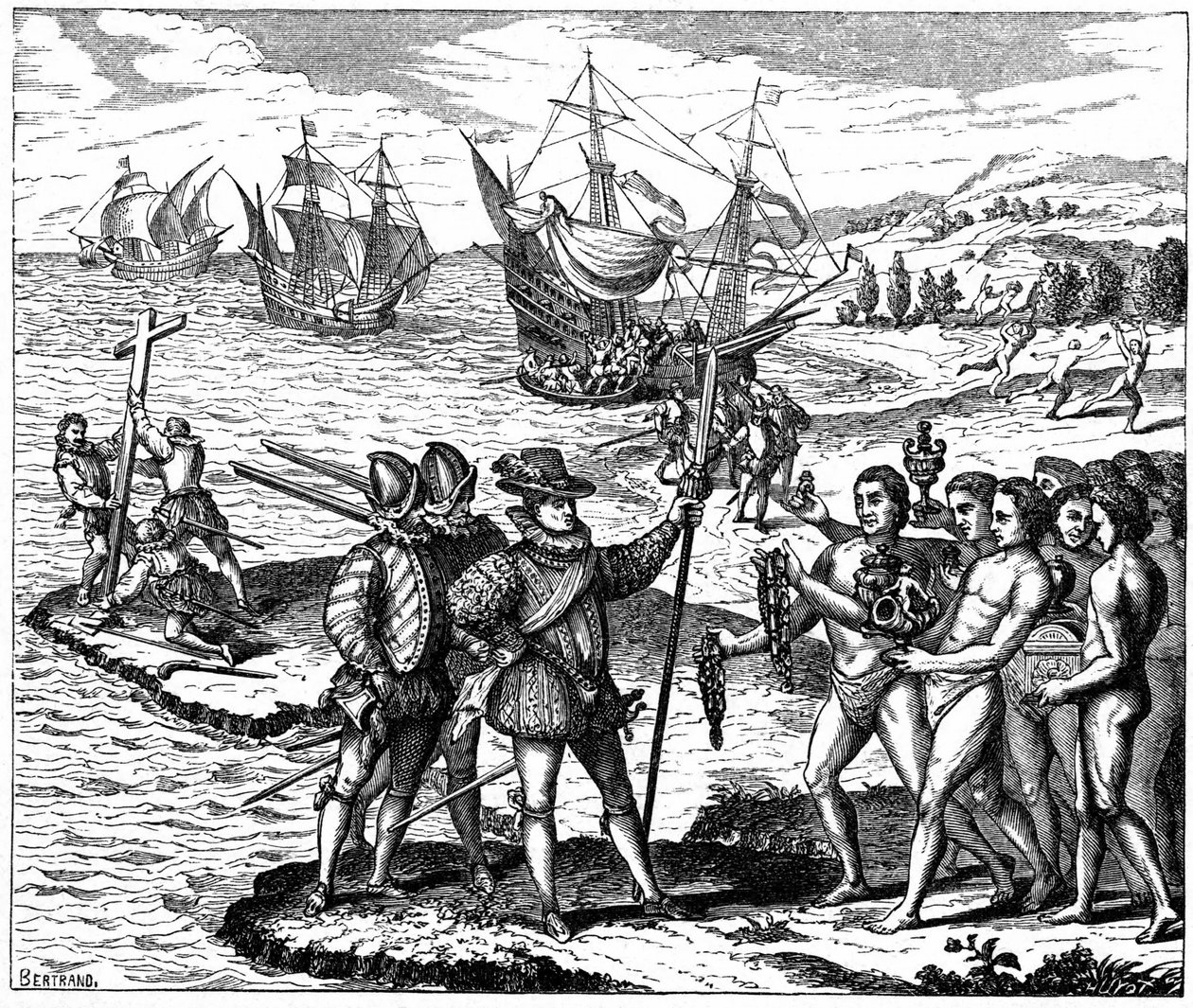Christopher Columbus (1451-1506) genuesisk opdagelsesrejsende, opdager Amerika - 12. maj 1492. Fra gravering af Theodore de Bry 1590. af Theodor de Bry