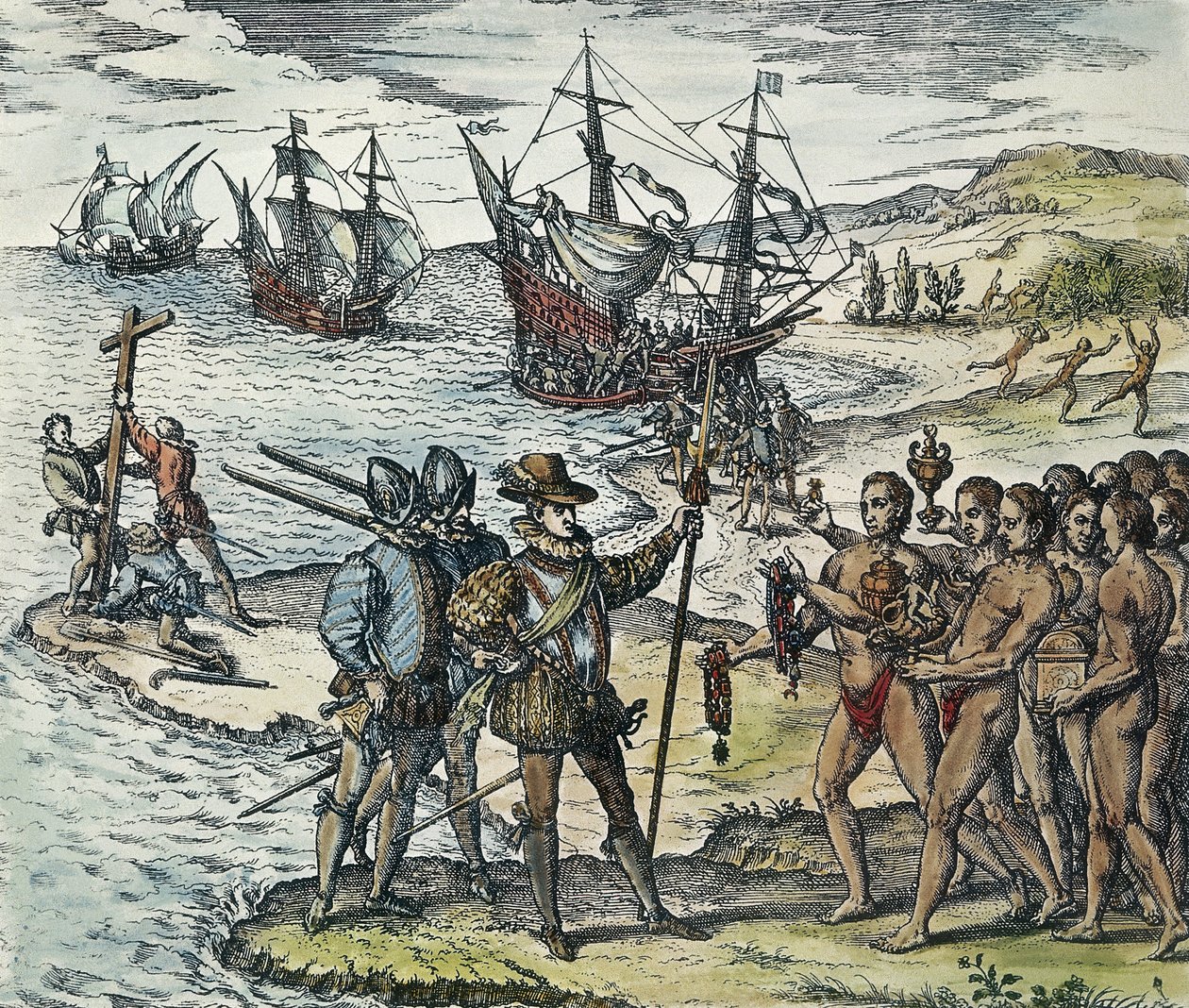 Columbus lander i Indien. 1594 (xylografi) af Theodor de Bry