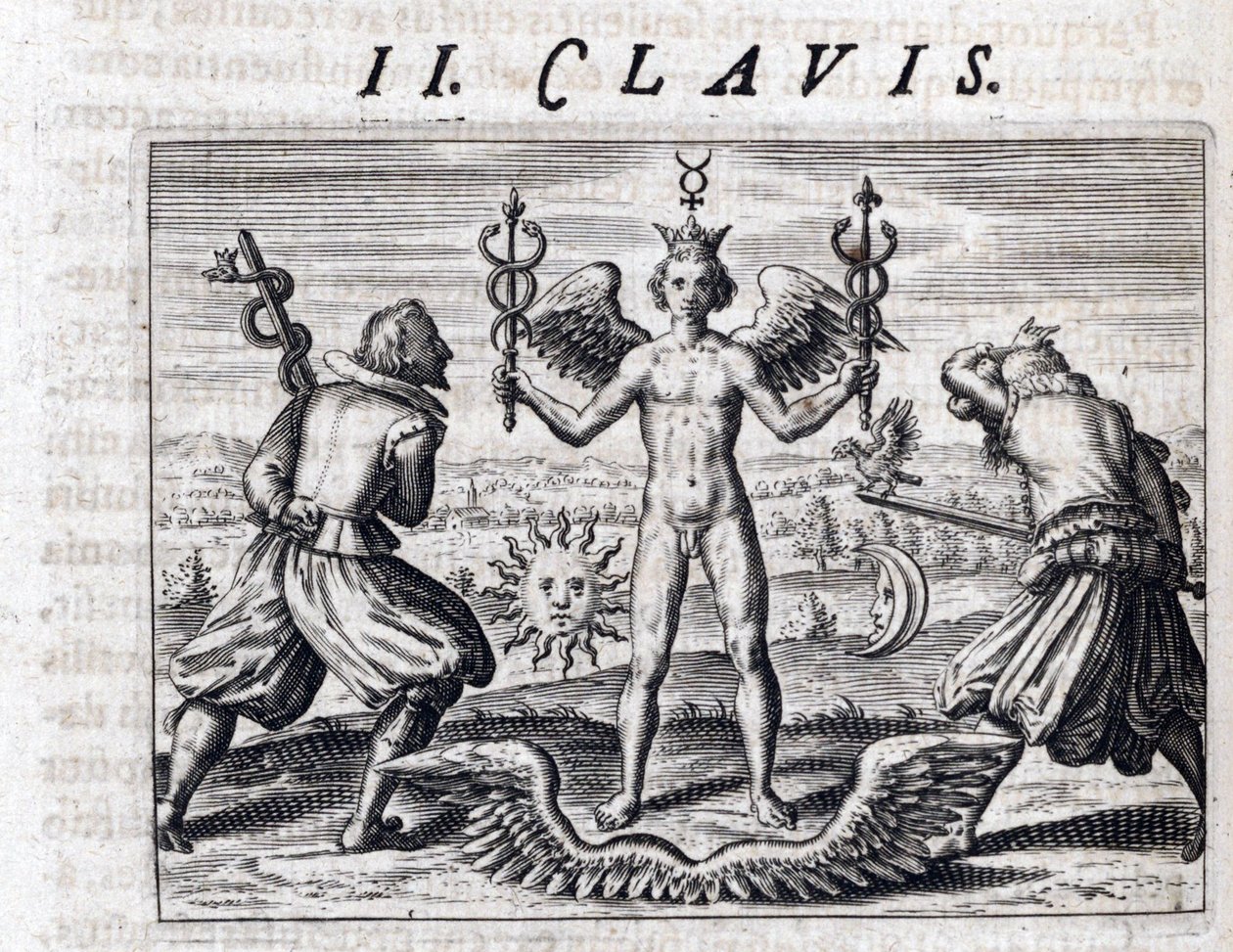 Symbolsk komposition af alkymi, en nøgen ung mand, vinge og krone, svinger to caduceus, omgivet af månen og solen, over for mænd bevæbnet med sværd, der bærer en ørn og en slange - Indgravering af Theodore de Bry (1528 -1598), for traktaten om alc af Theodor de Bry