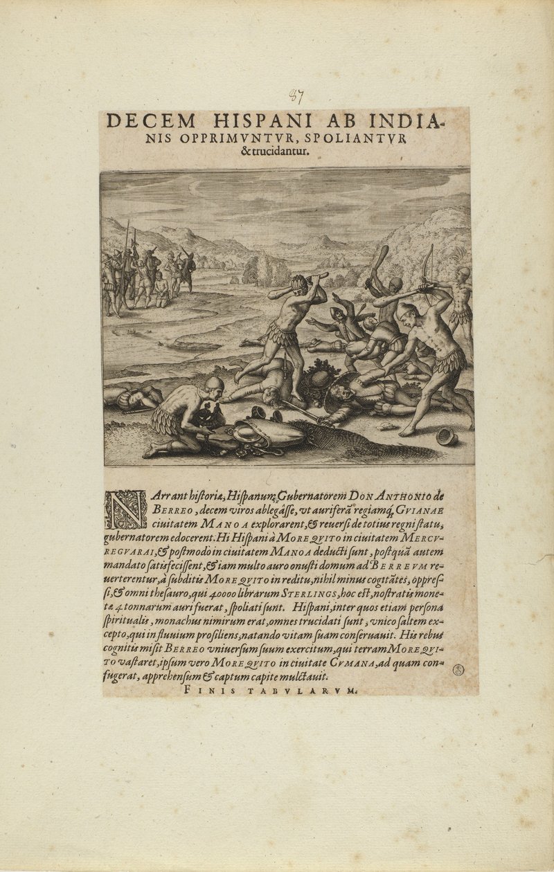 Decem Hispani ab India-/nis Opprimuntur, Spoliantur/and Trucidantur. (fra bogen Americae, del syv og otte) af Theodor de Bry