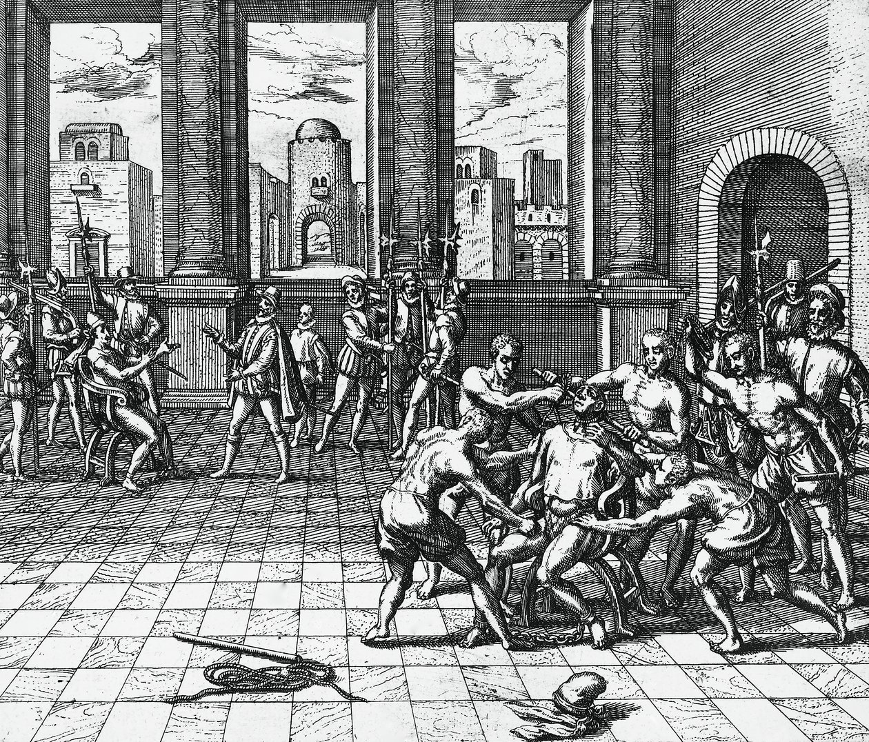 Inka-kejser Atahualpa bliver garroteret af Pizarros tropper, 26. juli af Theodor de Bry
