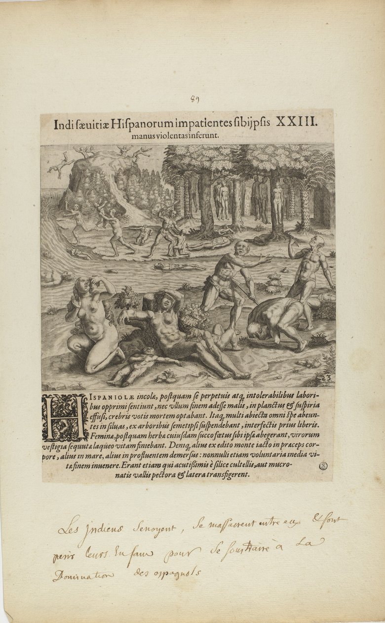 Indisaeuitiae Hispanorum Impatientes Sibi Psis/Manus Violentas Inserunt. XXIII. (fra bogen Americae, del fire) af Theodor de Bry