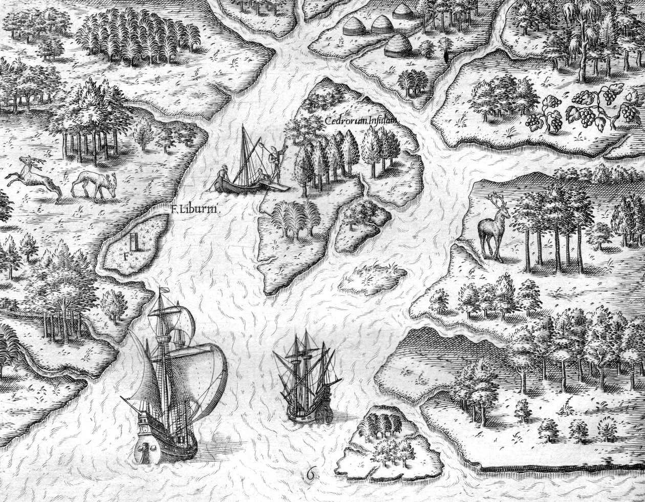 Jean Ribault opstiller en søjle med den franske konges våben i Charlesfort af Theodor de Bry