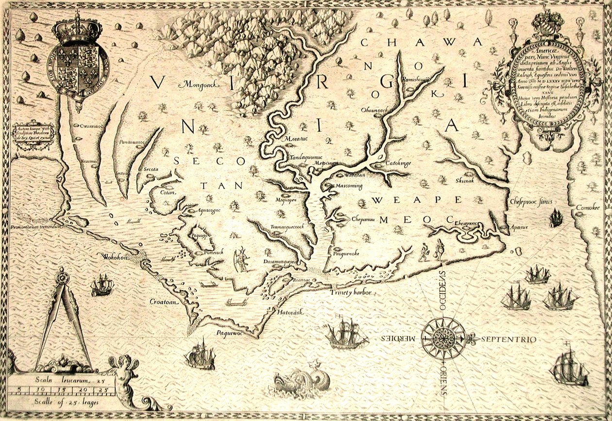 Kort over 1590 indgraveret af Theodore de Bry efter akvarel af den engelske kolonist John White, guvernør i Roanoke. Virginia og kyst med små øer og Roanoke ved flodmundingen. Secotan og Weapemeocs indfødte lande. af Theodor de Bry