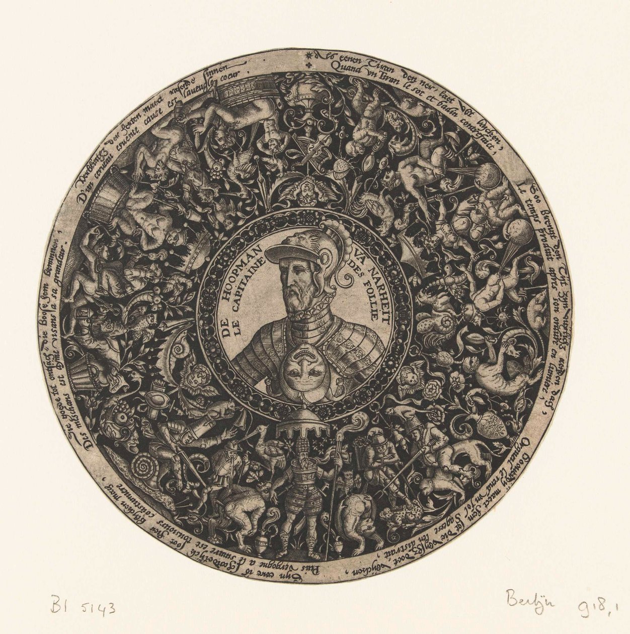 Medaljon med buste af kaptajnen af dårskab, Theodor de Bry, ca. 1577 - ca. 1578 af Theodor de Bry