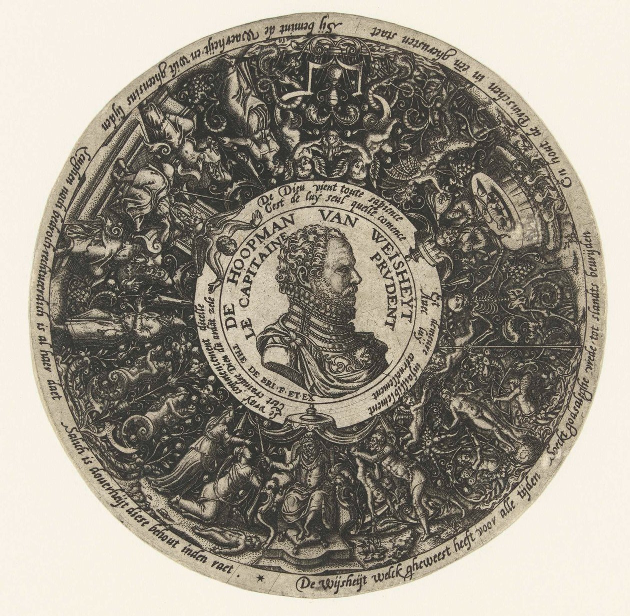 Medaljon med buste af Visdommens Kaptajn, Theodor de Bry, ca. 1577 - ca. 1578 af Theodor de Bry