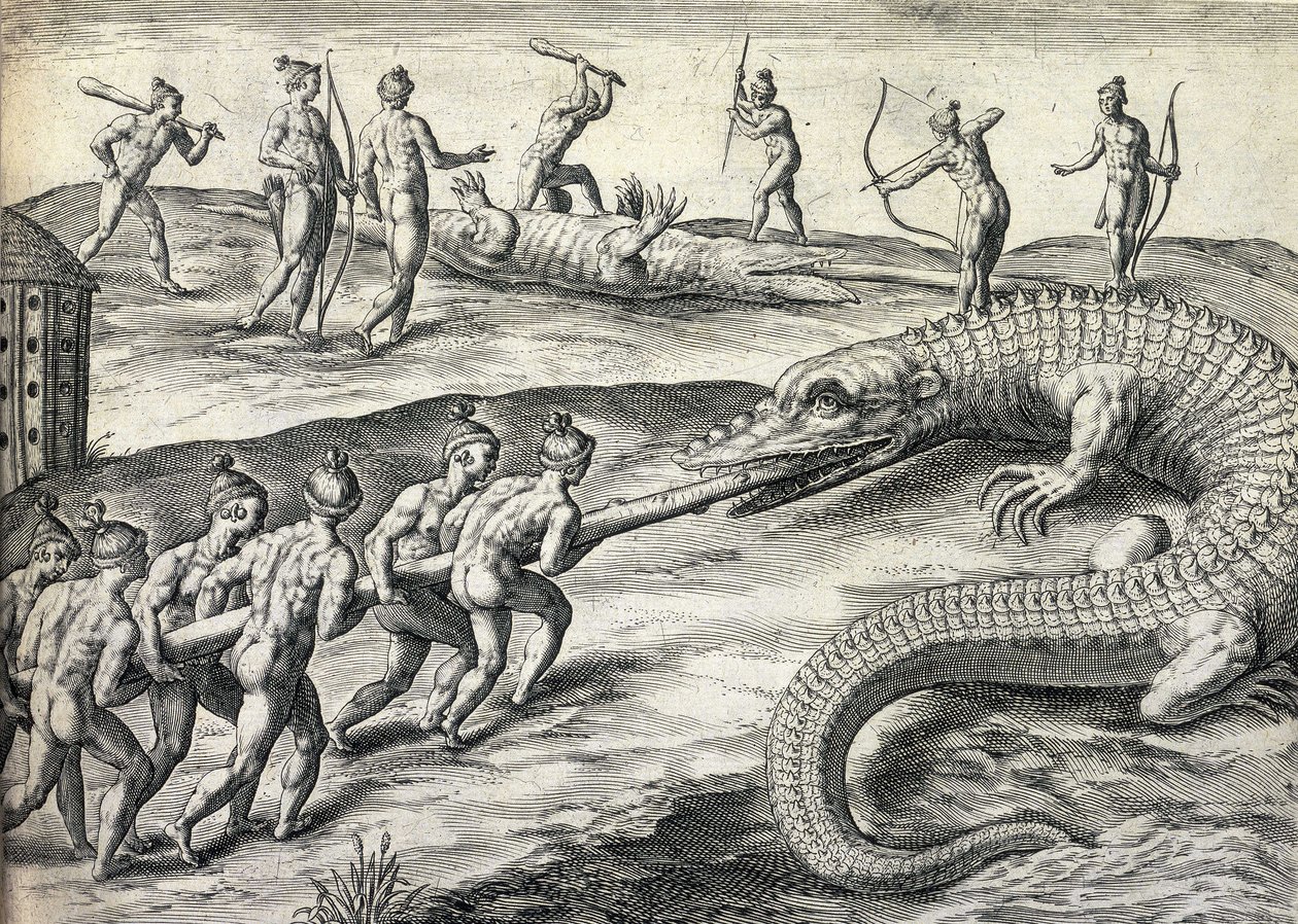 Nøgne indianere jager alligatorer i Florida, USA af Theodor de Bry