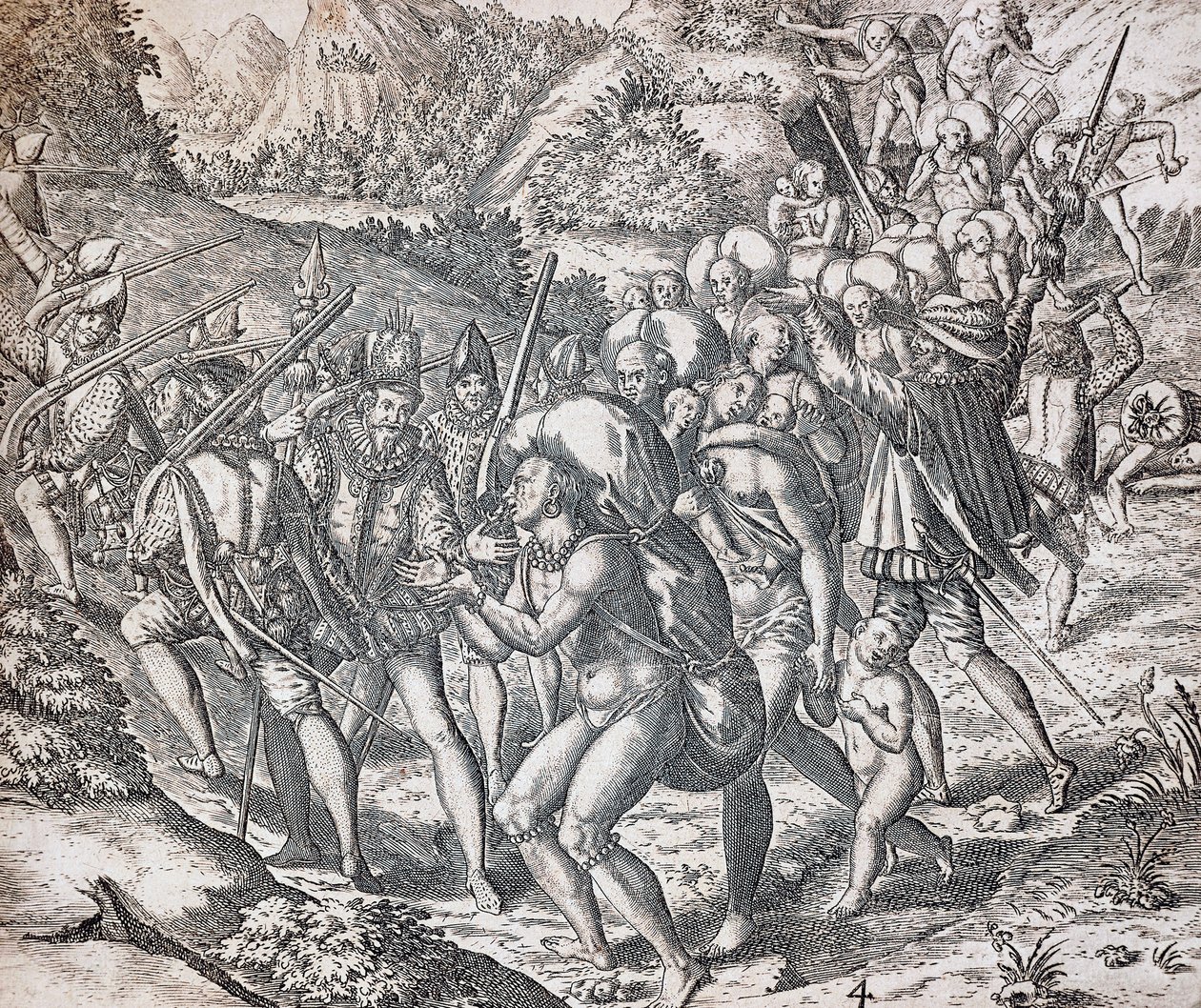 Indfødte bliver boardet på skibe for at blive ført til slaveri i Sevilla, gravering af Theodor de Bry (1528-1598), Antillerne af Theodor de Bry