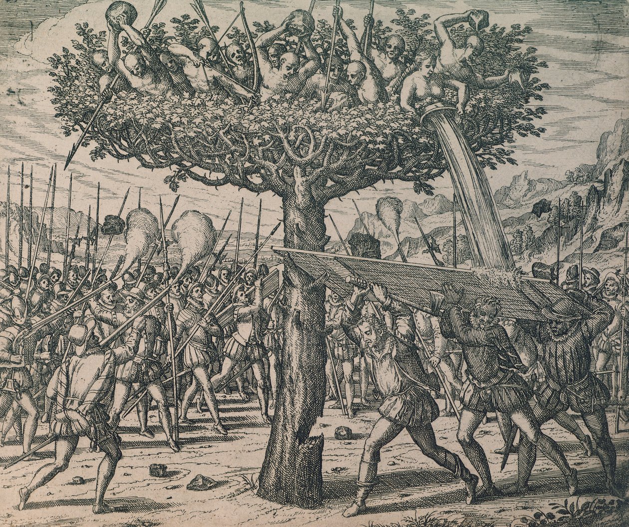 Indfødte gemmer sig i træerne og kæmper mod erobrerne af Theodor de Bry
