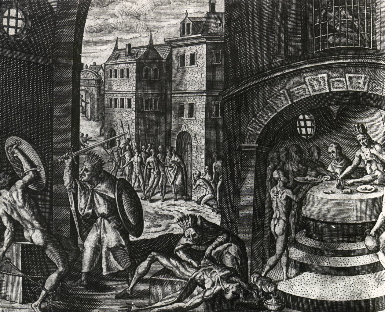 Præst dræber offer for falsk slagsmål og flår derefter krop, Mexico, gravering fra Peregrinationes, af Theodor de Bry (1528-1598), Mellemamerika af Theodor de Bry