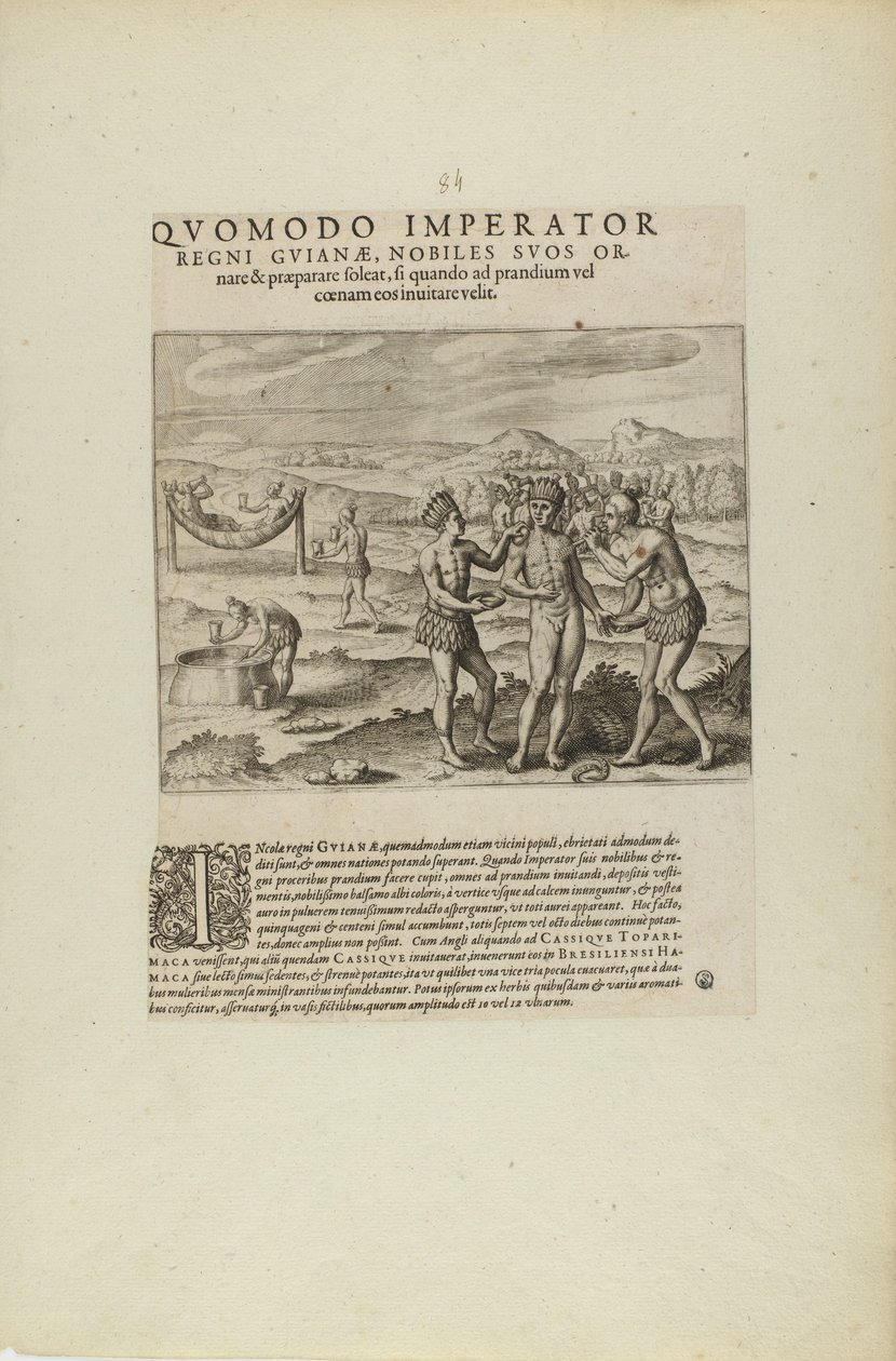 Quomodo Imperator/Regni Guianae, Nobiles Suos Or-/Nare.... (fra bogen Americae, del syv og otte) af Theodor de Bry
