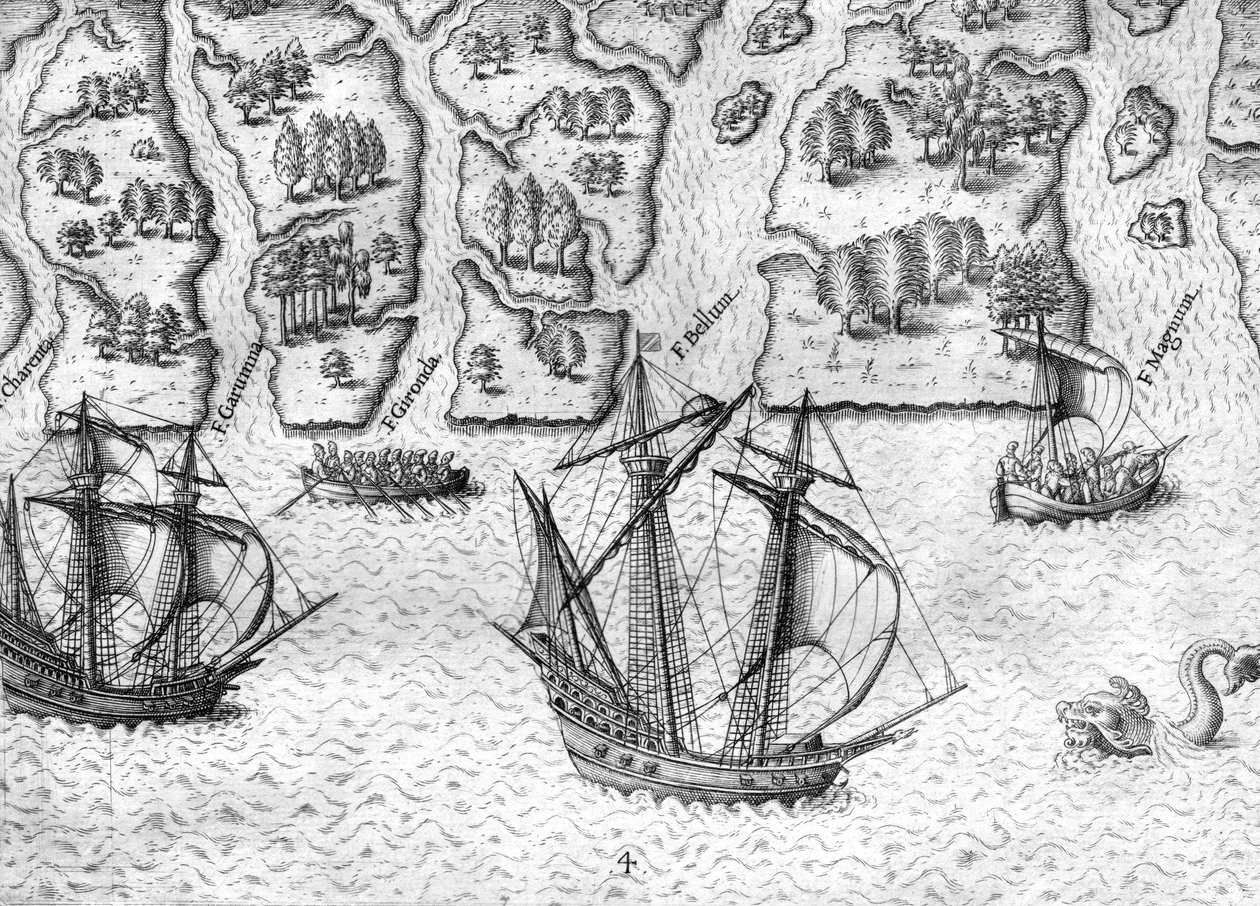 Franskmændene udforsker seks floder på Floridas kyst af Theodor de Bry