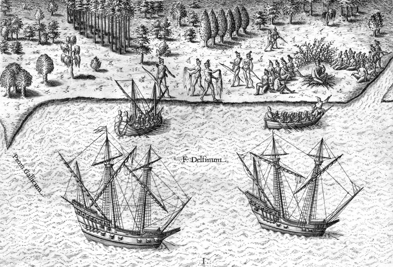 Franskmændene lander på Floridas kyst af Theodor de Bry