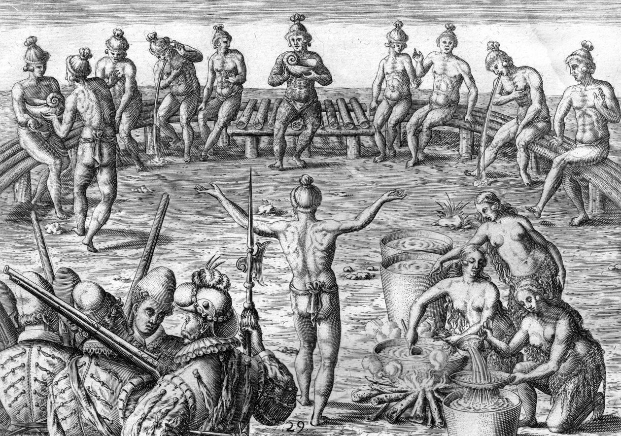 Timucua-indianer med franske opdagelsesrejsende af Theodor de Bry