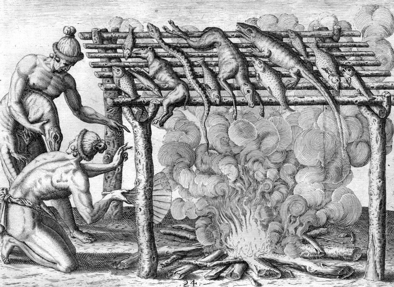 Timucuan-indianere tørrer mad af Theodor de Bry