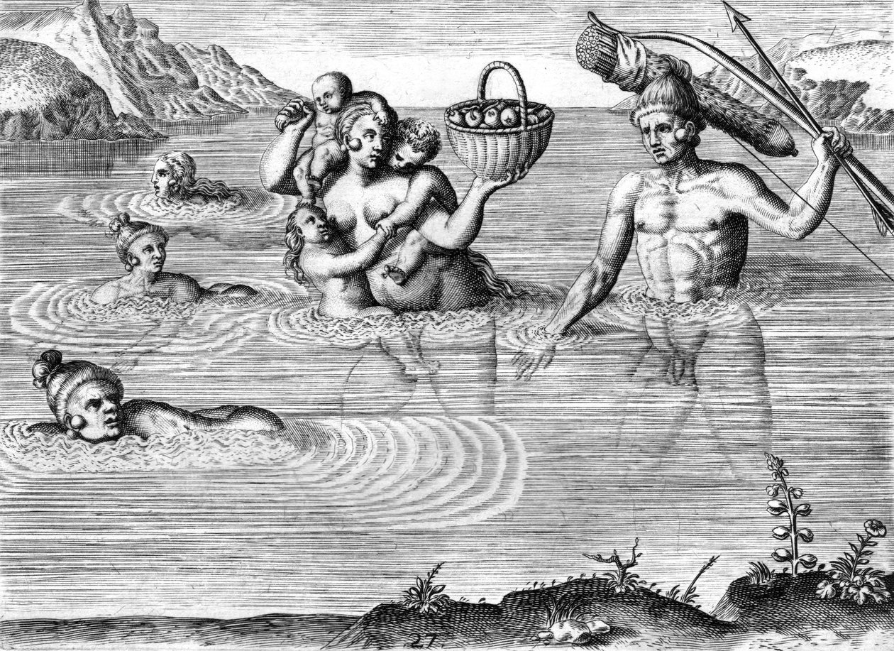 Timucuan-indianernes familie krydser en flod af Theodor de Bry