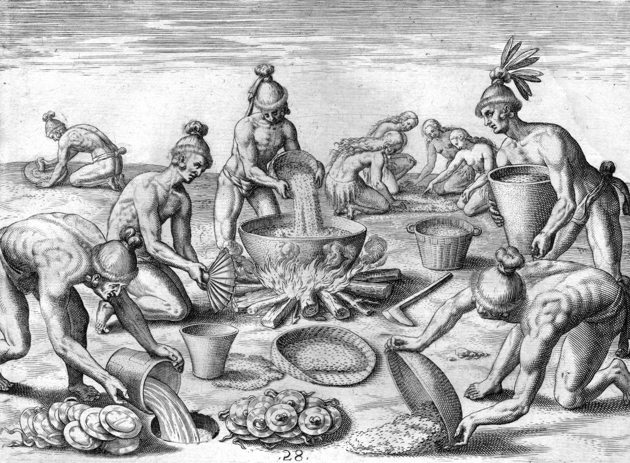 Timucuan-indianere forbereder et festmåltid af Theodor de Bry