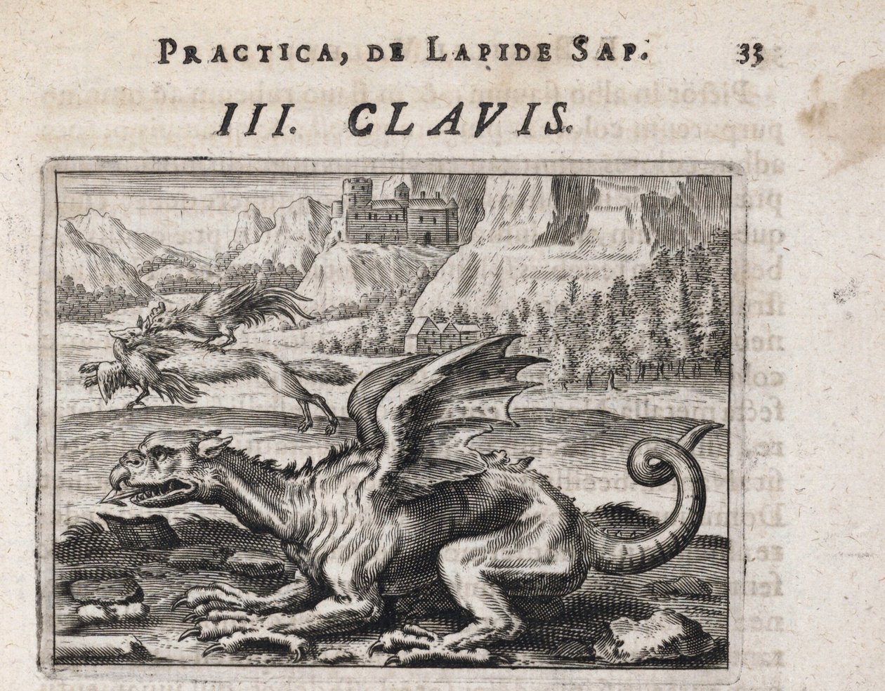 En drage, i baggrunden, en hønestjælende ulv, angrebet af en hane - Indgravering af Theodore de Bry (1528-1598), til alkymiafhandlingen ""Tripus avreus, hoc est, Tres tractatus chymici selectissimi" " af Michael Maier (1569-1622) af Theodor de Bry