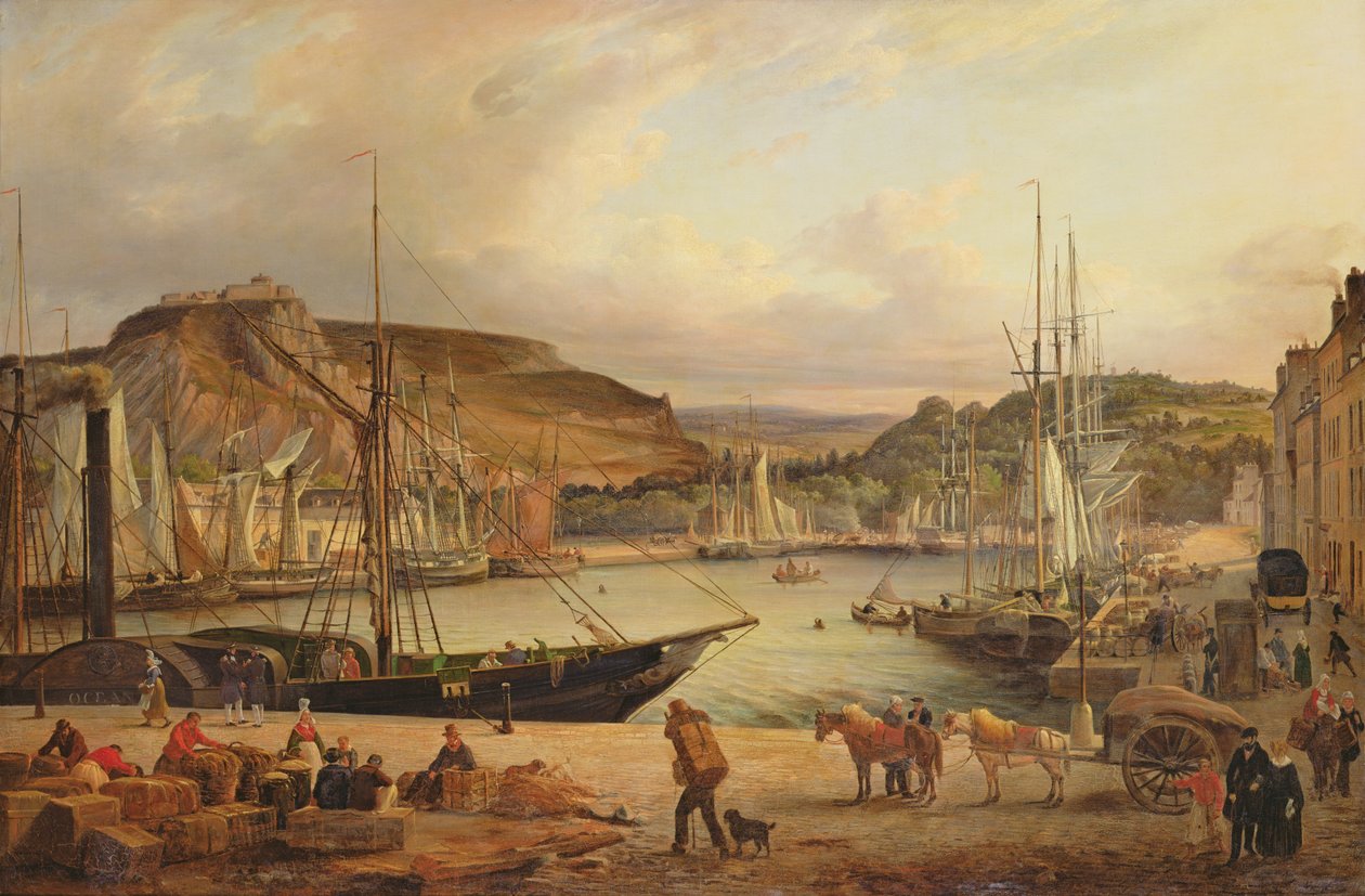 Udsigt over handelshavnen i Cherbourg af Theodore Deslinieres