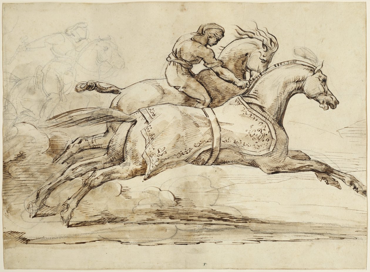 Scene fra Race of the Barberi Horses (brunt blæk & grafit på lagt papir foret med væv) af Theodore Gericault