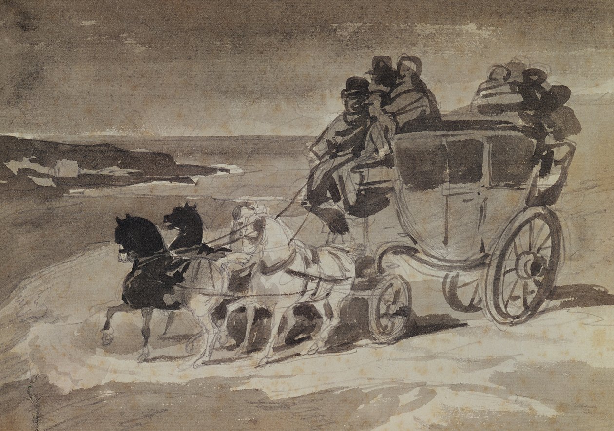 Stagecoachen (blyant og wc på papir) af Theodore Gericault