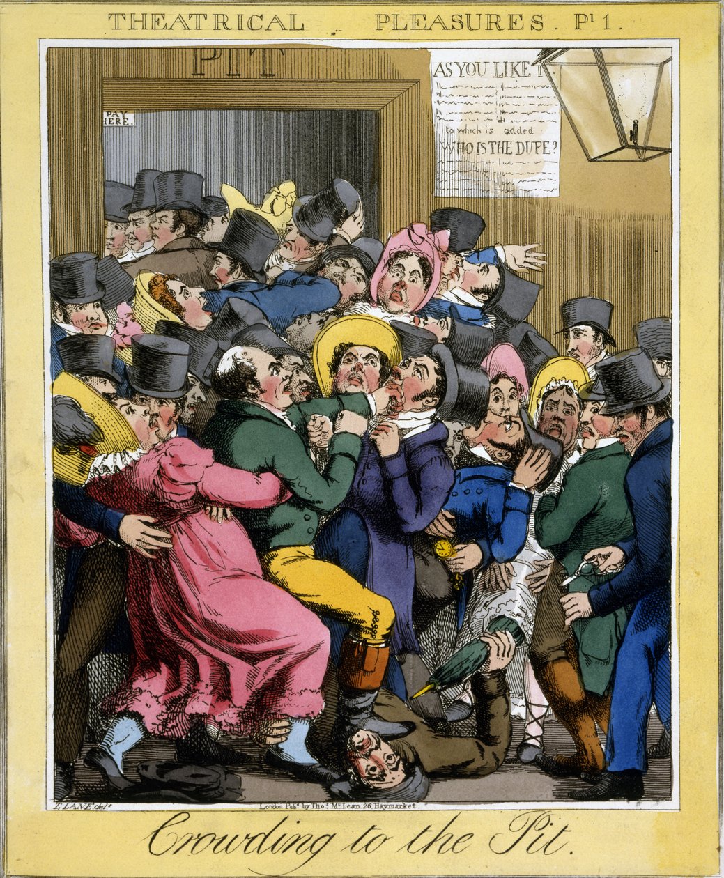 Crowding to the Pit, tavle 1 fra Teatrical Pleasures, pub. Thos. McLean, London, 1821 (håndfarvet gravering) af Theodore Lane