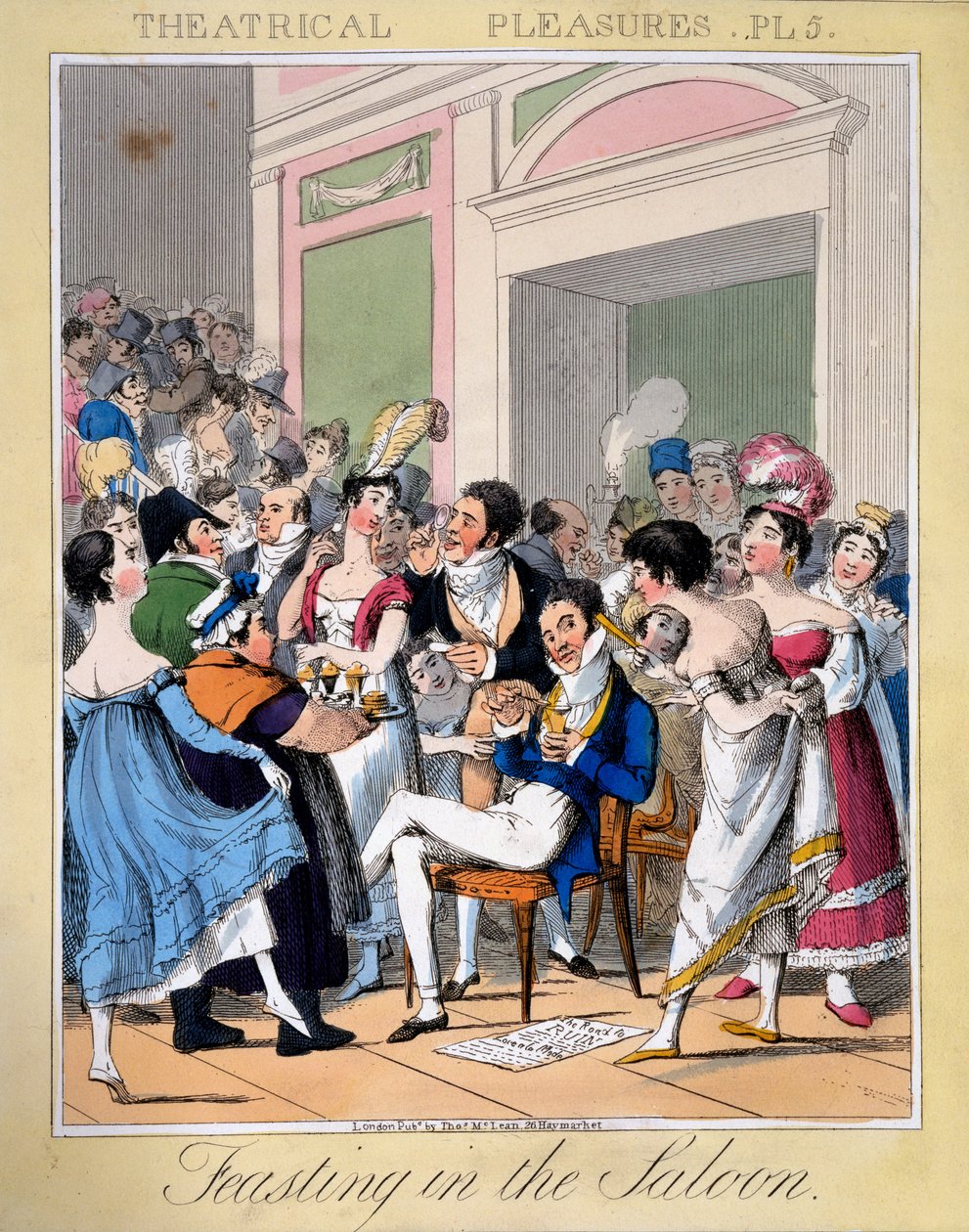 Feasting in the Saloon, planche 5 fra "Theatrical Pleasures", 1827 (håndkoloreret gravering) af Theodore Lane