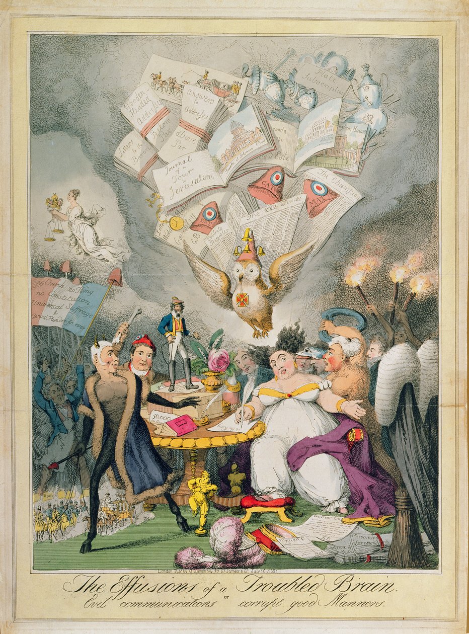 The Effusions of a Troubled Brain, or Evil Communications Corrupt Good Manners, udgivet af G. Humphrey, 1821 (farvet radering) af Theodore Lane