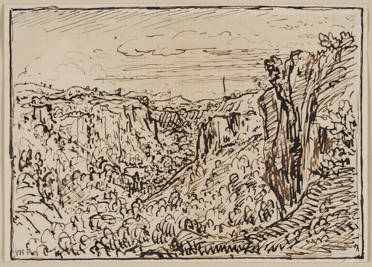 Bakket landskab (Lizon River Gorge), ca. 1861-63 (blæk på papir) af Theodore Roussel