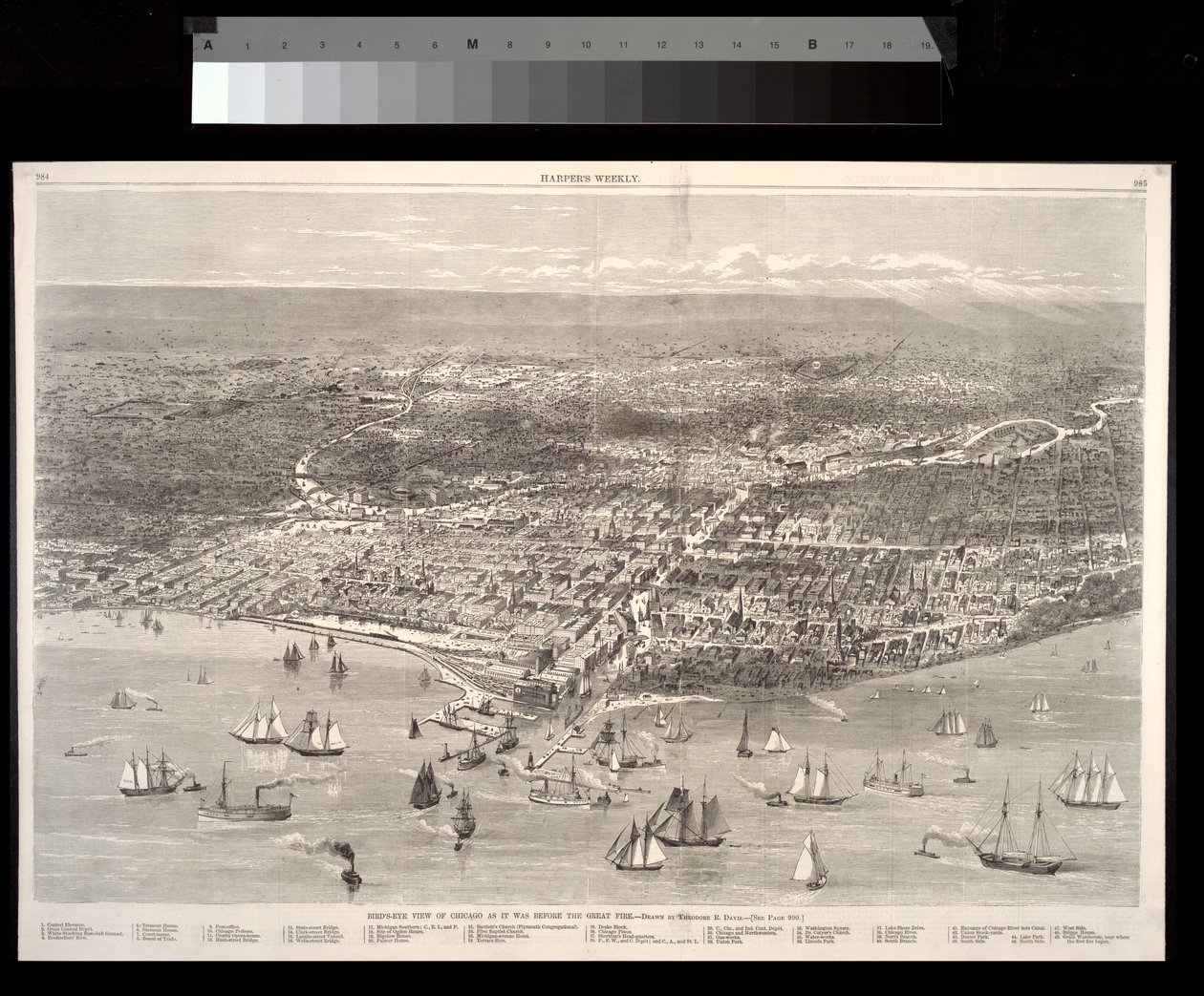 Fugleperspektiv af Chicago, som det var før den store brand, 1871 af Theodore Russell Davis