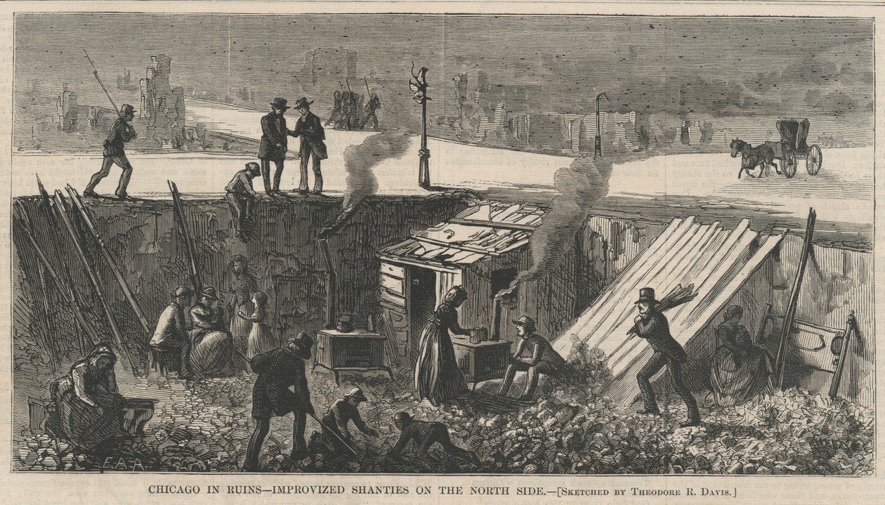 Chicago in Ruins - Improviseret shanties på nordsiden, illustration fra Harpers Weekly, 1871 af Theodore Russell Davis
