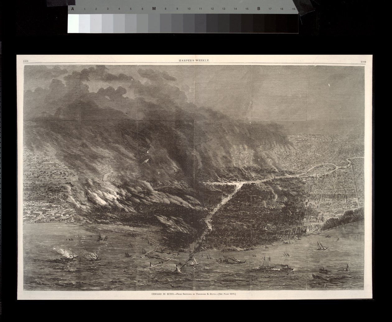 Chicago in Ruins, illustration fra Harpers Weekly, 1871 af Theodore Russell Davis