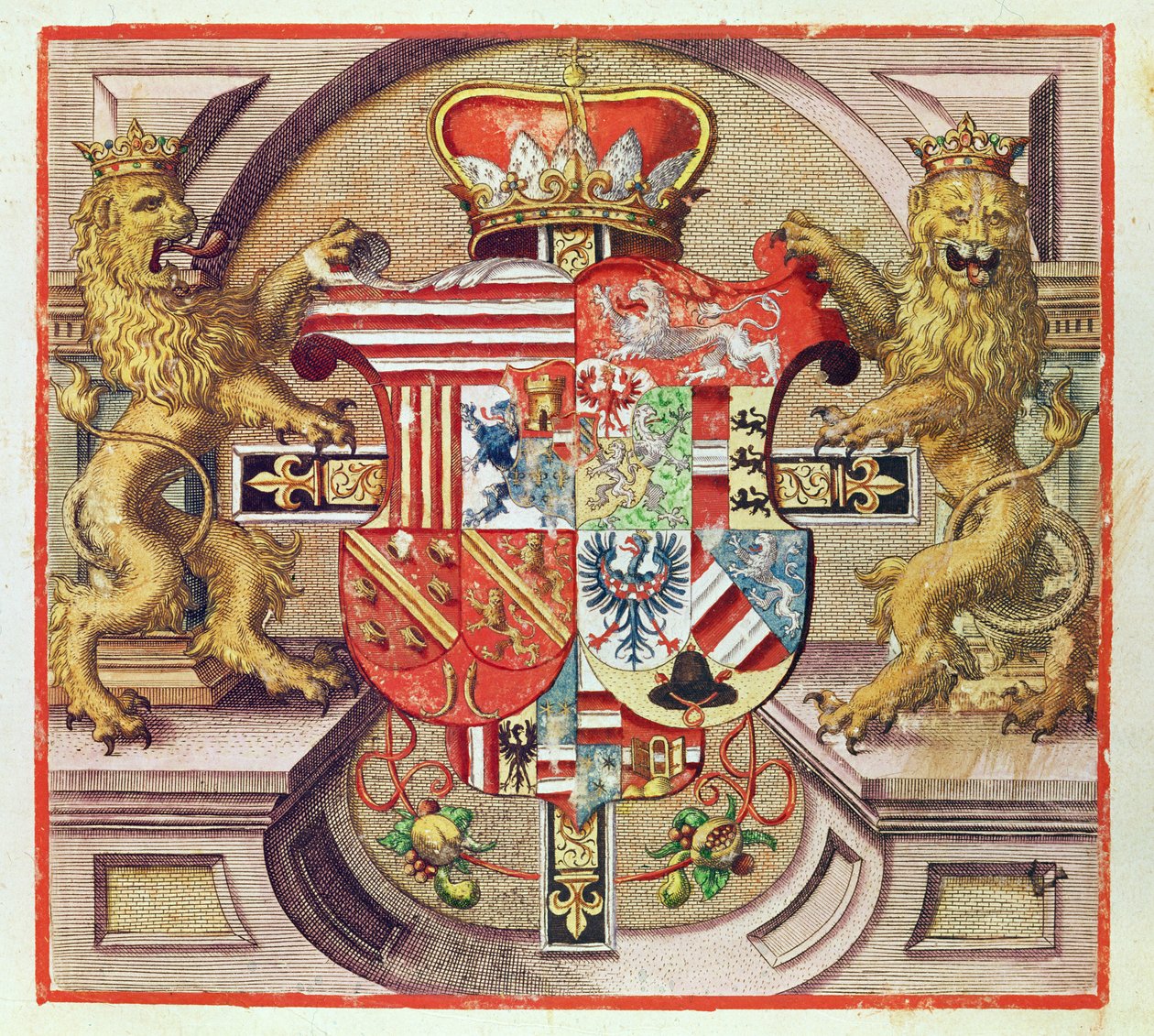 Admiranta Narratio..., Armorial gravering (side 3), 1585-1588 (farve gravering) af Theodore de Bry