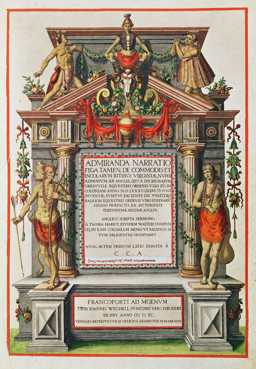 Admiranta Narratio.... Frontispice (side 1), 1585-1588 (farvegravering) af Theodore de Bry