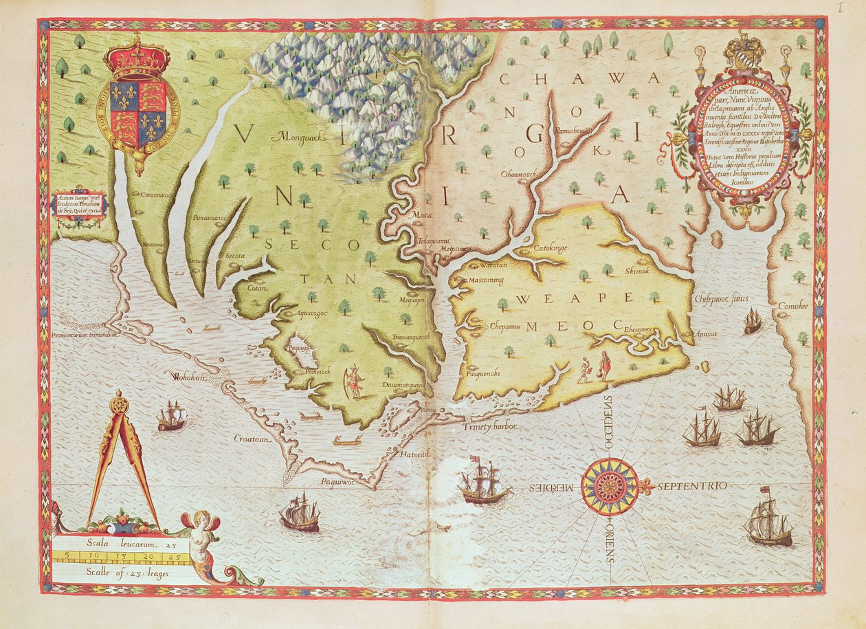 Admiranta Narratio... Kort over Virginia (side 44-45), 1585-1588 (farvegravering_ af Theodore de Bry