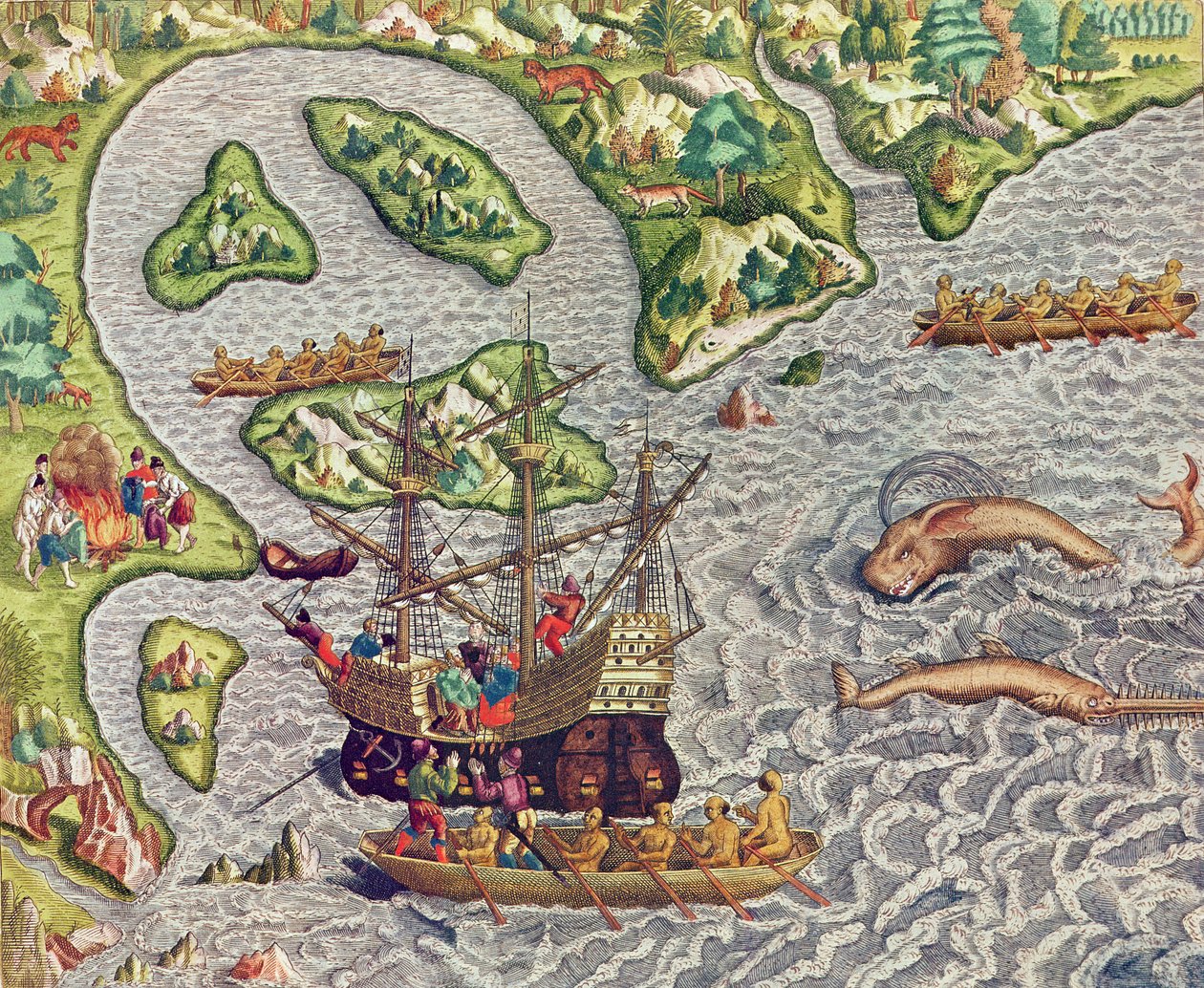 Americae Tertia Pars, ombord på vores skib ved hjælp af en barbarisk båd ved hjælp af en barbars båd (side 333), 1562 (farvegravering) af Theodore de Bry