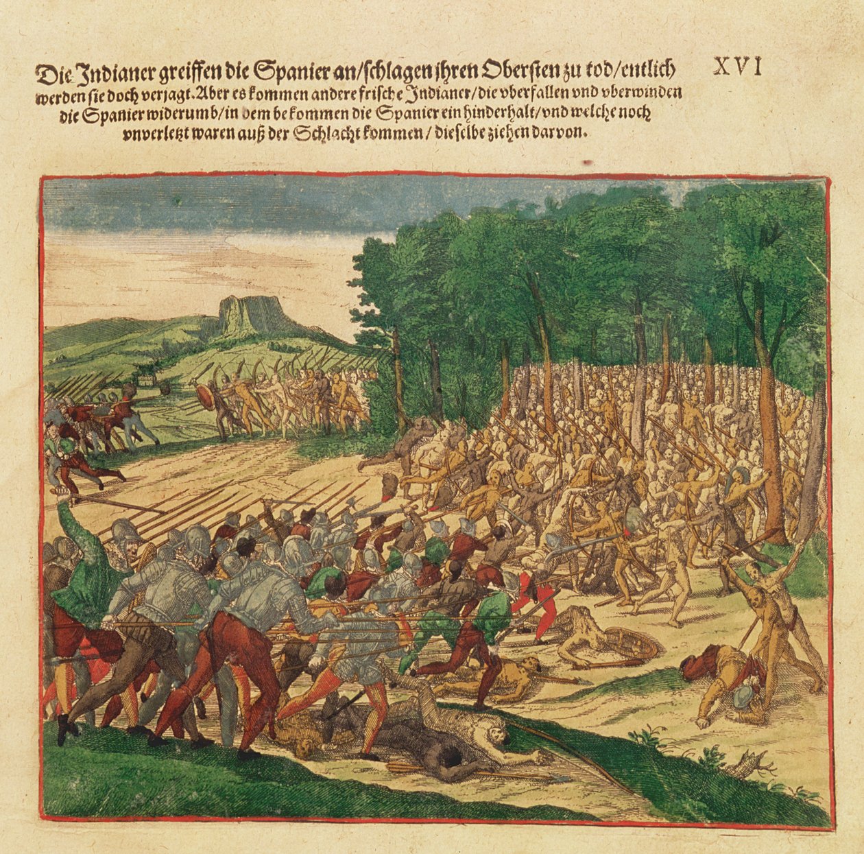 Kamp mellem indianerne og spanierne, hvor den spanske oberst blev slået ihjel af Theodore de Bry