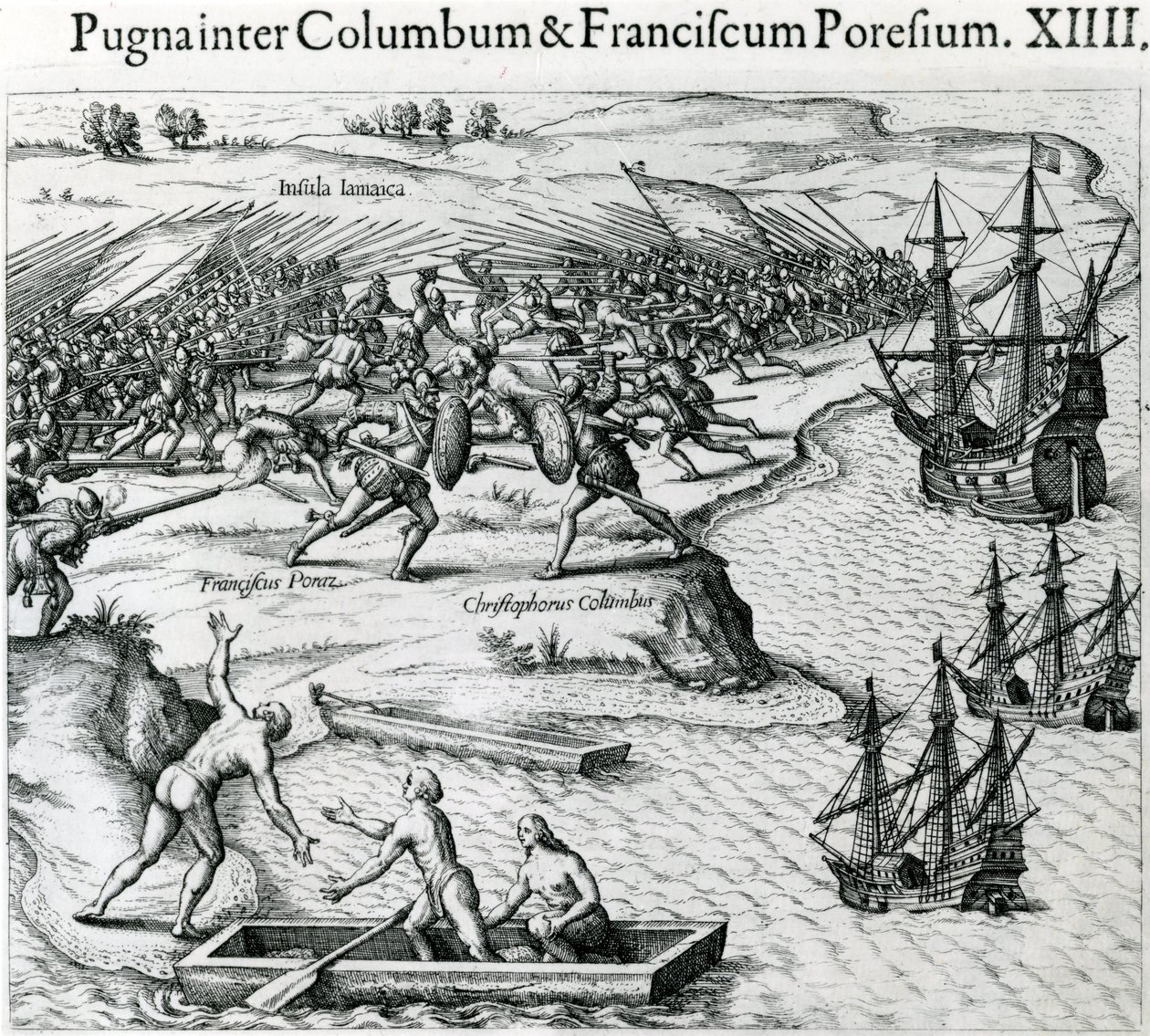 Slaget på Jamaica mellem Christopher Columbus (1451-1506) og Francisco Poraz, 1504, fra 