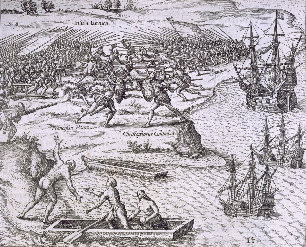 Slaget på Jamaica mellem Christopher Columbus (1451-1506) og Francisco Poraz, 1504, fra 