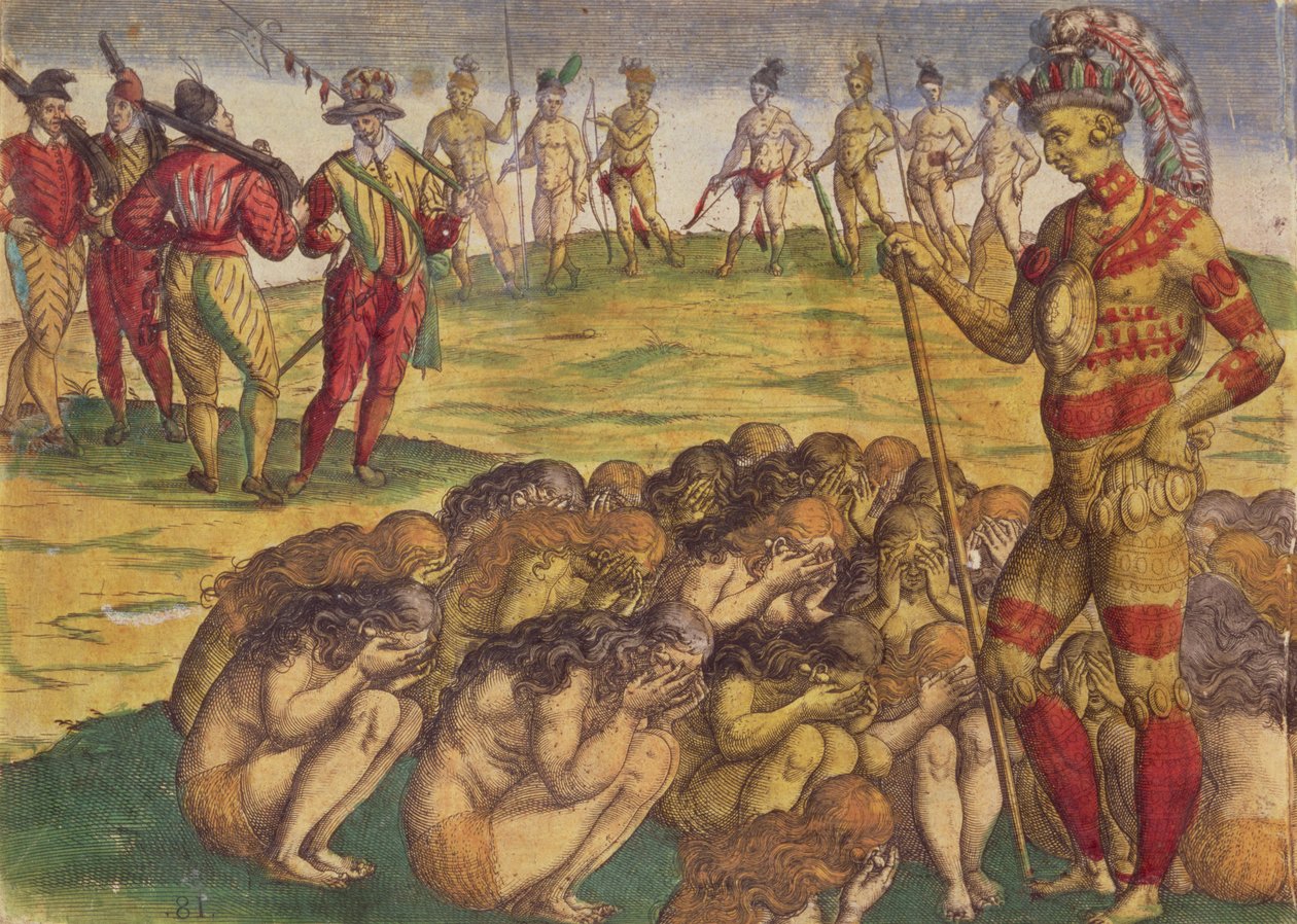 De spanske kolonisters erobring af aztekerne, bogillustration, ca. 1550 af Theodore de Bry