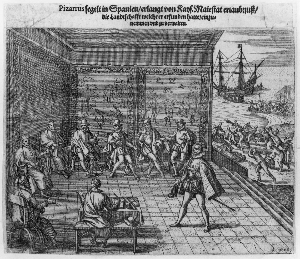 Francisco Pizarro beder om støtte fra det kejserlige hof til Perus regering af Theodore de Bry