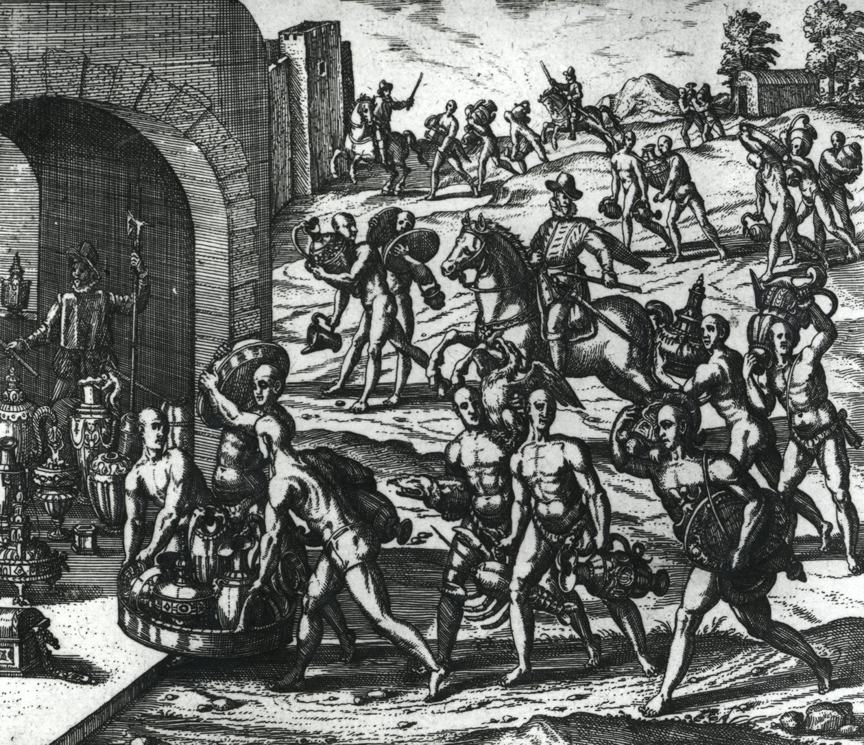 Indianere medbringer Balboa-vaser og guldgenstande af Theodore de Bry