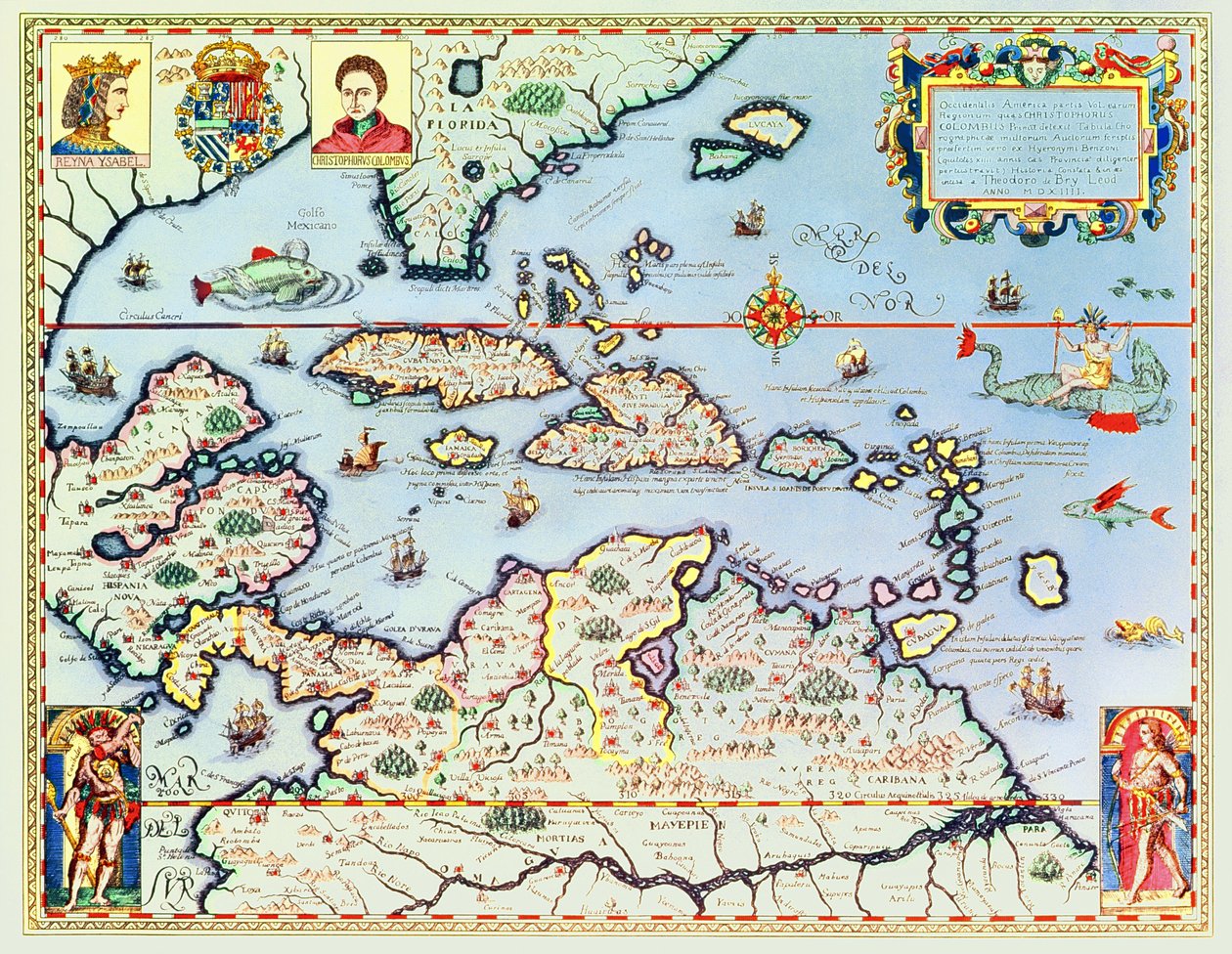 Kort over de caribiske øer og den amerikanske stat Florida af Theodore de Bry