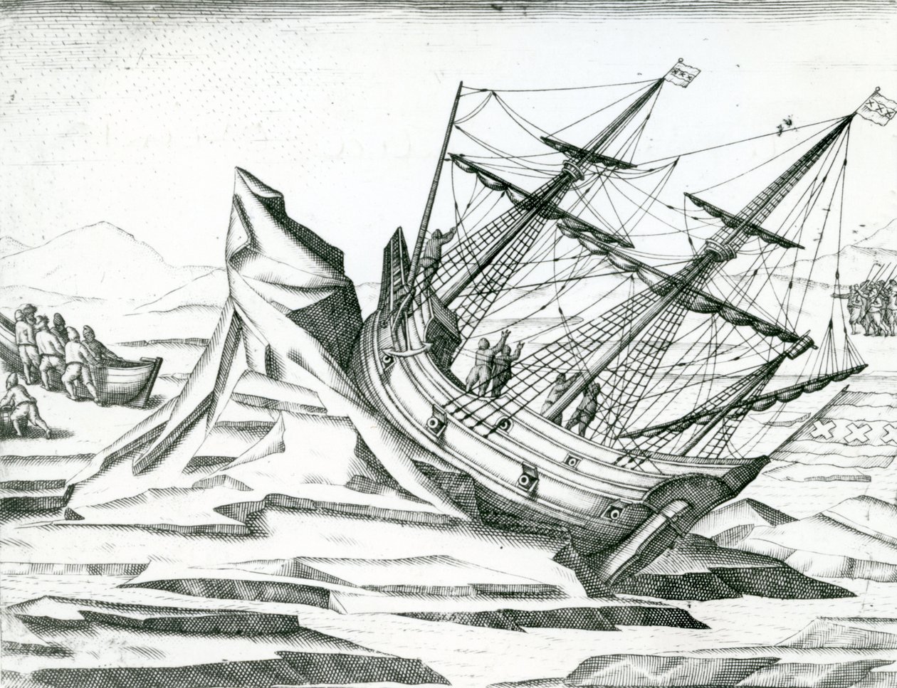 Sejlskib strandet på isbjerg, Illustration fra "India Orientalis" 1598 af Theodore de Bry