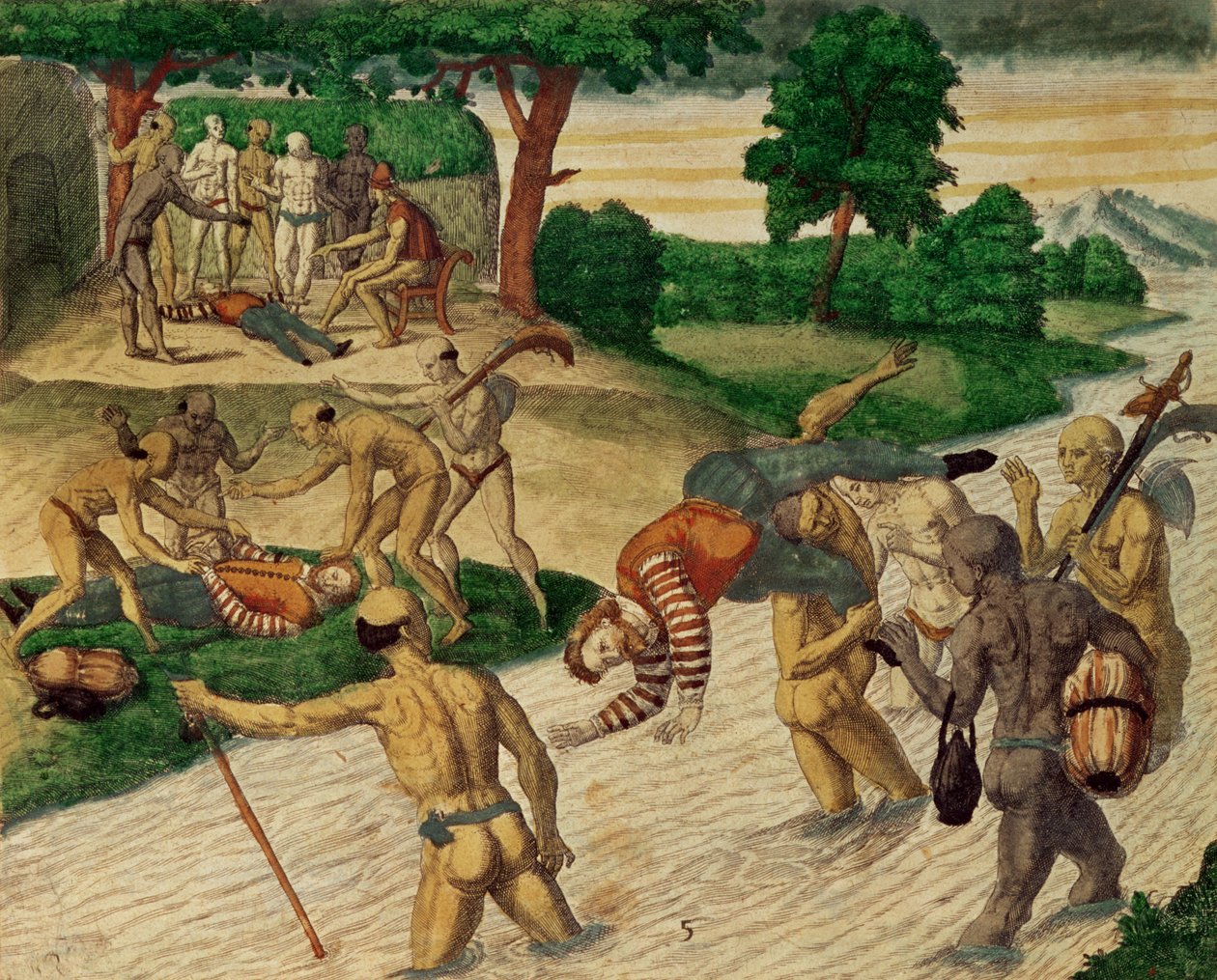 Sydamerikanske indianere drukner spaniere for at se, om de er udødelige af Theodore de Bry