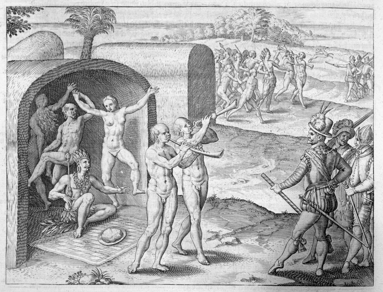 Spaniere bliver budt velkommen af en indisk konge, fra Girolamo Benzonis beretning om erobringen af Peru, fra 