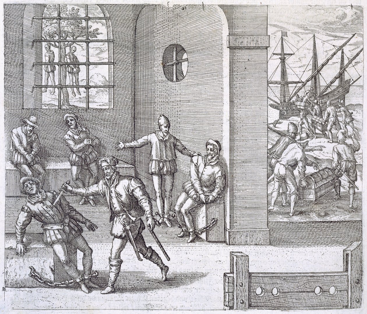 Spanske forrædere i Panama henrettet, mens guld stjålet fra inkaerne lastes på skibe på vej til Spanien, fra "Americanische Historien" af Johann Ludwig Gottfried, udgivet af Mattaeus Merian, Fra af Theodore de Bry